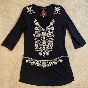 JW Los Angeles Shirt Womens Medium Black Embroidered Floral Boho Tunic Top